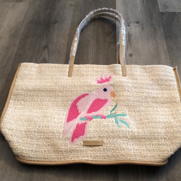 Vera Bradley Light Natural Straw Tote Embroidered Pink Parrot OS NWT - Picture 1 of 16